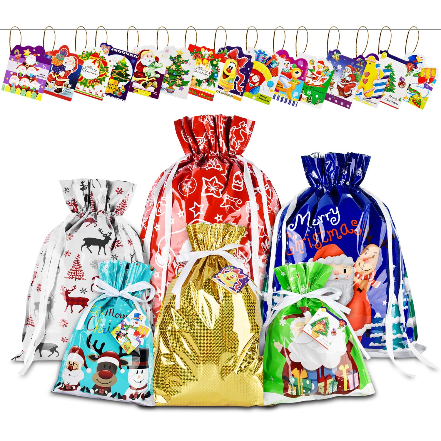 AUERVO 30pc Christmas Drawstring Gift Bags with Tags, 6 Designs, 4 Sizes - X-Large, Large, Medium, Small - Holiday Present Goody Bags for Xmas Party
