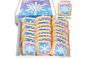 OMCOOKIE Snowflake Cookies Frozen in Individually Wrapped Snowfake Winter themed Theme Party Favors 24 Pack Bulk for Kids Birthday Party Sugar Cookie Blue White Purple