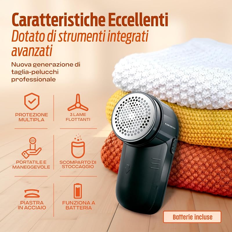 Rasatura elettrica antipelucchi – Rimuovi-pelucchi per abbigliamento, lame in acciaio inossidabile – Contenitore per pelucchi rimovibile – Batterie INCLUSE – Spazzola per la pulizia