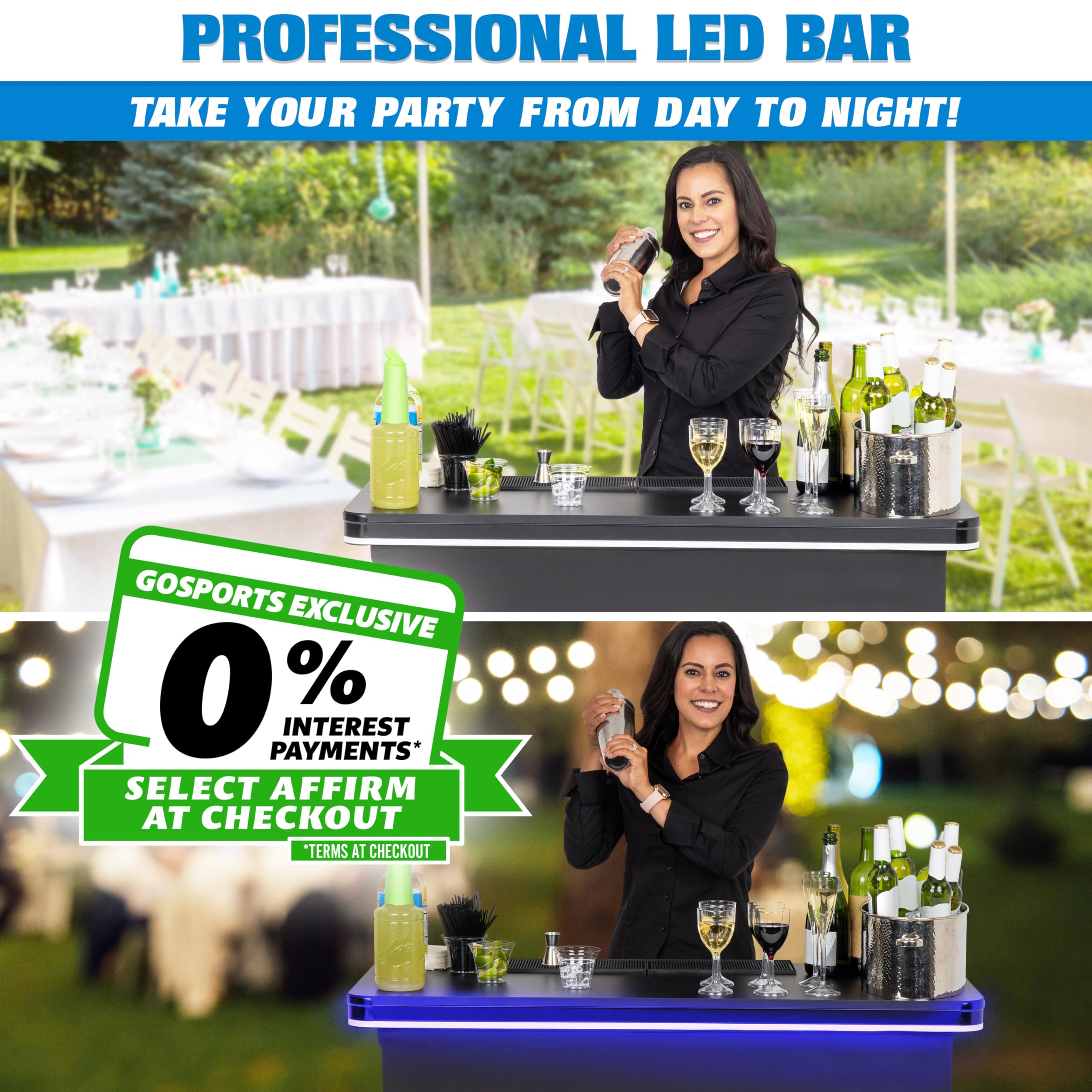 GoPong GoBar PRO Commercial Grade Portable Bar Table - Mobile Bartender Station for Events - Includes Black Skirt and Carry Case - Standard or LED