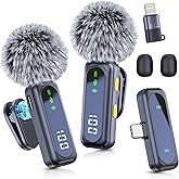 Wireless Lavalier Microphone for iPhone 15 16, iPad, Android, 2 Pack LED Display Mini Microphones with Noise Reduction, Lapel