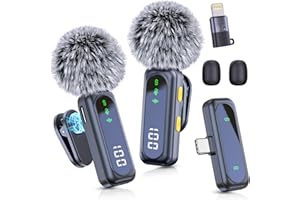 Wireless Lavalier Microphone for iPhone 15 16, iPad, Android, 2 Pack LED Display Mini Microphones with Noise Reduction, Lapel