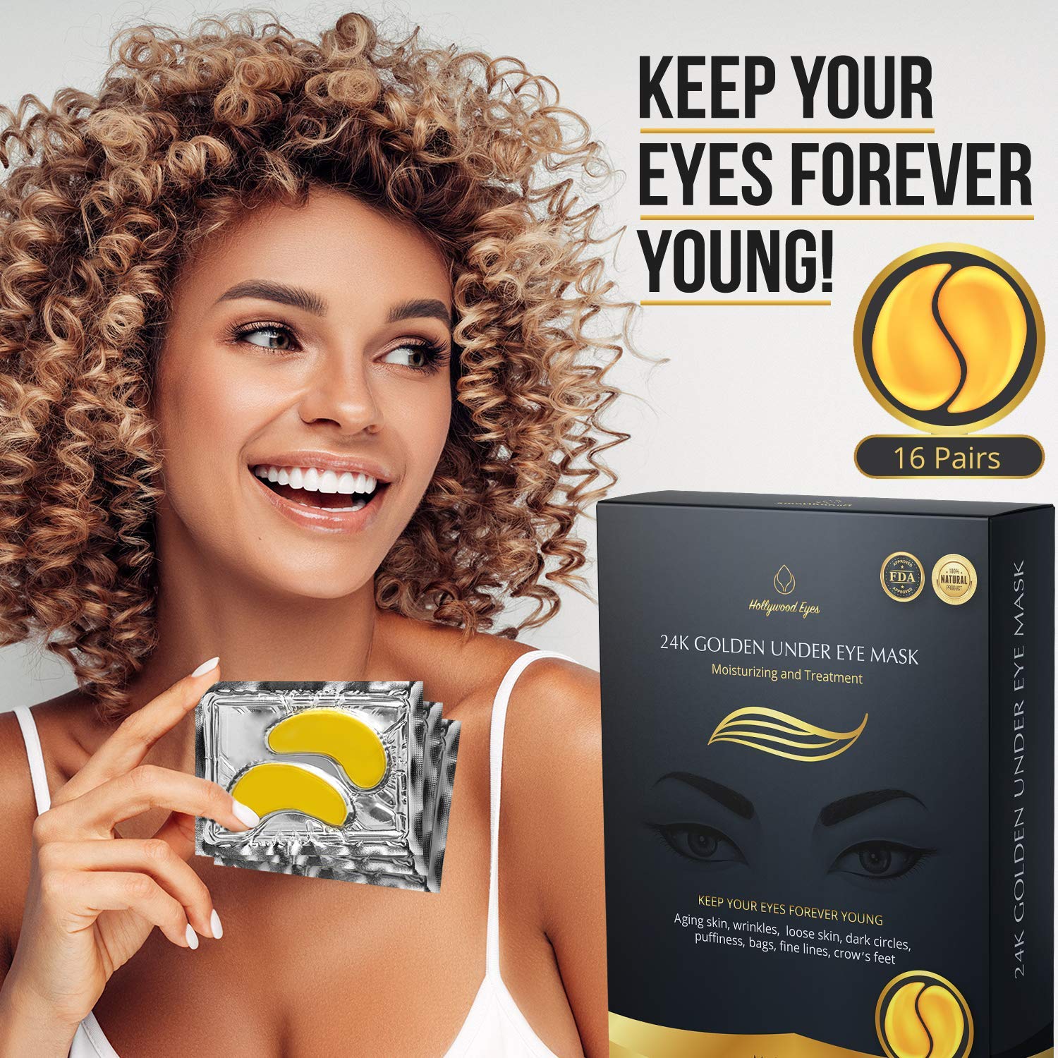 BrightJungle Under Eye Collagen Patch, 24K Gold Anti-Aging Mask, Pads for Puffy Eyes & Bags, Dark Circles and Wrinkles, with Hydrogel, Deep Moisturizing Improves elasticity, 16 Pairs : Beauty