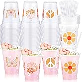 Sliner 50 Pcs Groovy Party Plastic Cups with Straws 12 oz Boho Retro Hippie Disposable Clear Daisy Flower Cold Beverage Drinking Cups for Birthday Wedding Baby Shower Party Decoration Supplies