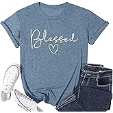 Blessed T-Shirt for Women Cute Heart Graphic Letter Print Sayings Shirts Casual Short Sleeve Thankful Tee Tops