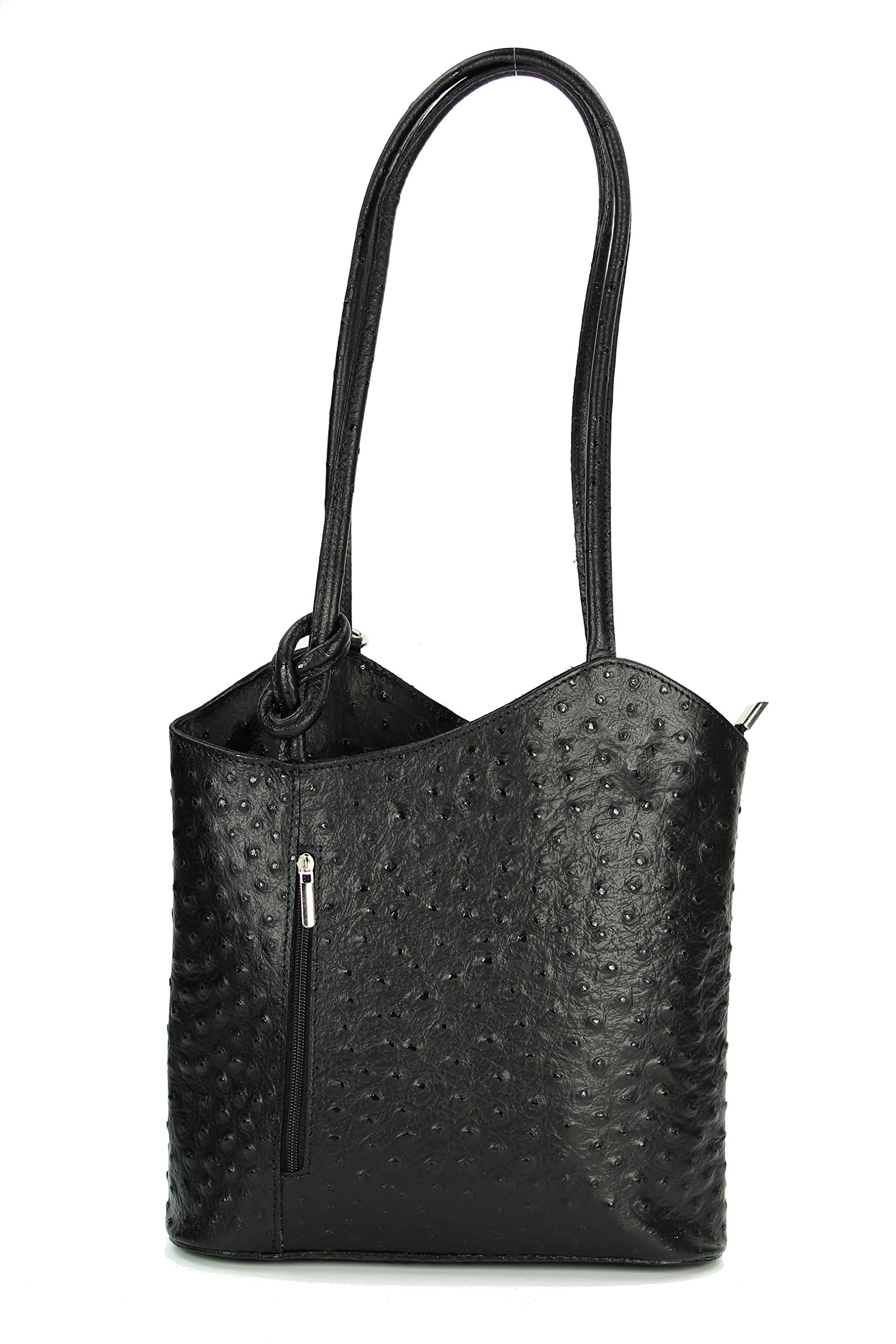 Belli® Italian Handbag Women Shoulder Bag Backpack 2in1 Genuine Leather Ostrich Embossing Black - 28x28x8 cm (W x H x D)