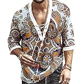 Men's Fashion Shirt Short Sleeve Beach V-Neck Drawstring Printing Yoga African Summer Top