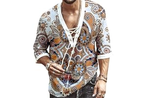 RELA BOTA Men's Fashion Shirt Short Sleeve Beach V-Neck Drawstring Printing Yoga African Summer Top
