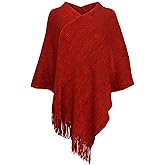 Fomolom Womens Poncho Sweater V Neck Knitted Pullover Shawls Wraps Capes with Fringes Gifts for Women Mom