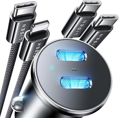 LISEN 90W USB C Car Charger Fast Charging 2 Cables [Lighning&USB-C], 2-Port iPhone 17 Car Charger USB C Fast Charge, Type C Car Charger Gifts for iPhone 17/17 Pro Max/16/15/14, Samsung Galaxy S26/S25