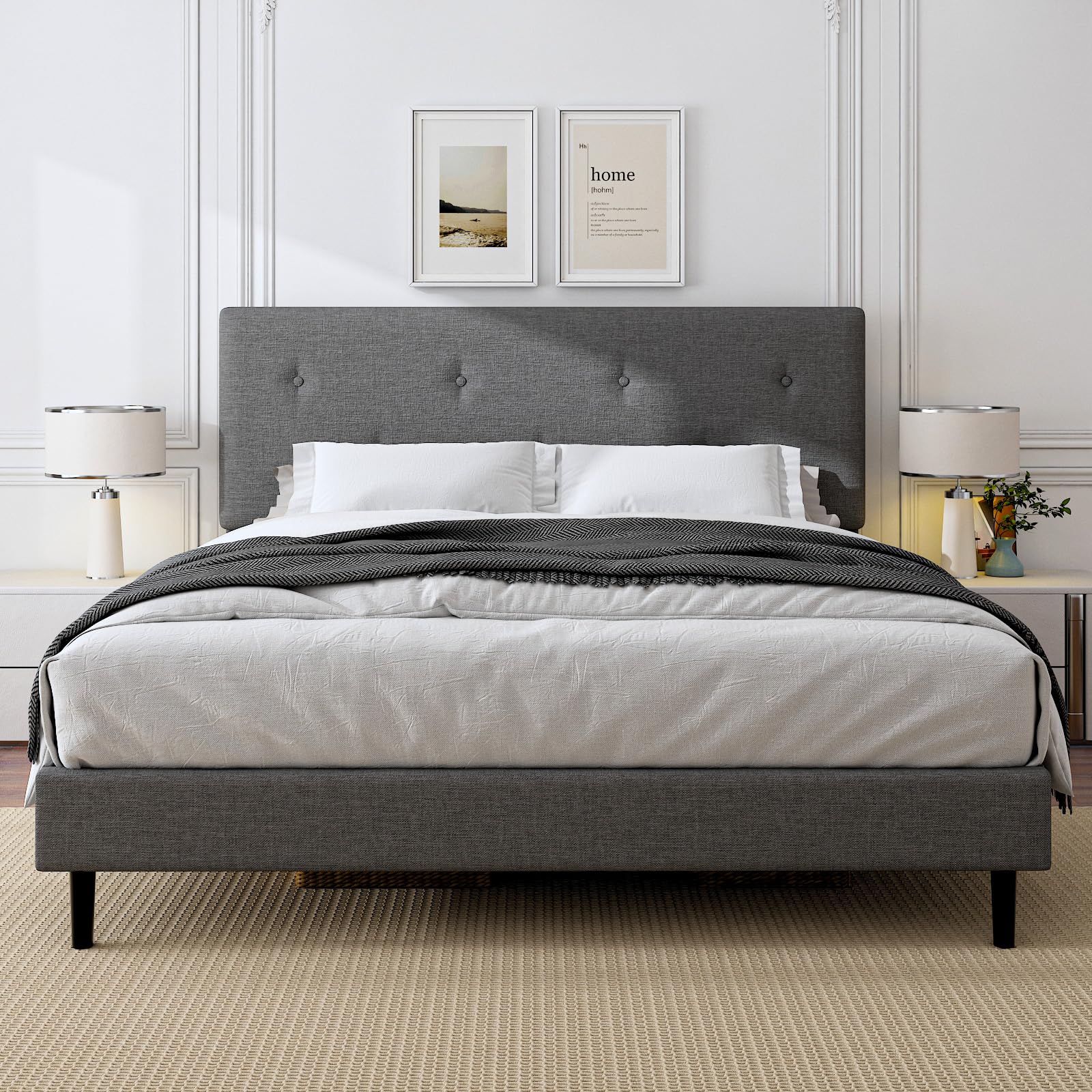 Photo 1 of Mxhtcewz King Size Linen Bed Frame, Upholstered Platform Bed Frame with Adjustable Headboard, Wooden Slats Support, No Box Spring Needed, Easy Assembly, Grey