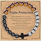 MOJOROUS Valentine Gifts for Men Triple Protection Cross Bracelet 8mm Black Obsidian Hematite Tiger Eye Beaded Natural Stone Bracelets Birthday Jewelry Gifts Cross Christian Gift for Him Husband Son