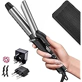 Travel Curling Iron 1 Inch,Dual Voltage Curling Iron 110-240V with European Plug,Small Curling Wand for Women & Short Hair, 5 Temp Digital Settings, Auto-Off, Anti-Scald Cover,Heat-Resistant pad(Grey)