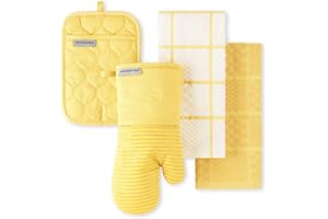 KITCHENAID Quilted Cotton Terry Cloth Oven Mitt, Pot Holder, Kitchen Towel 4-Pack Set, Heat Resistant, Silicone Grip, 16"x26"