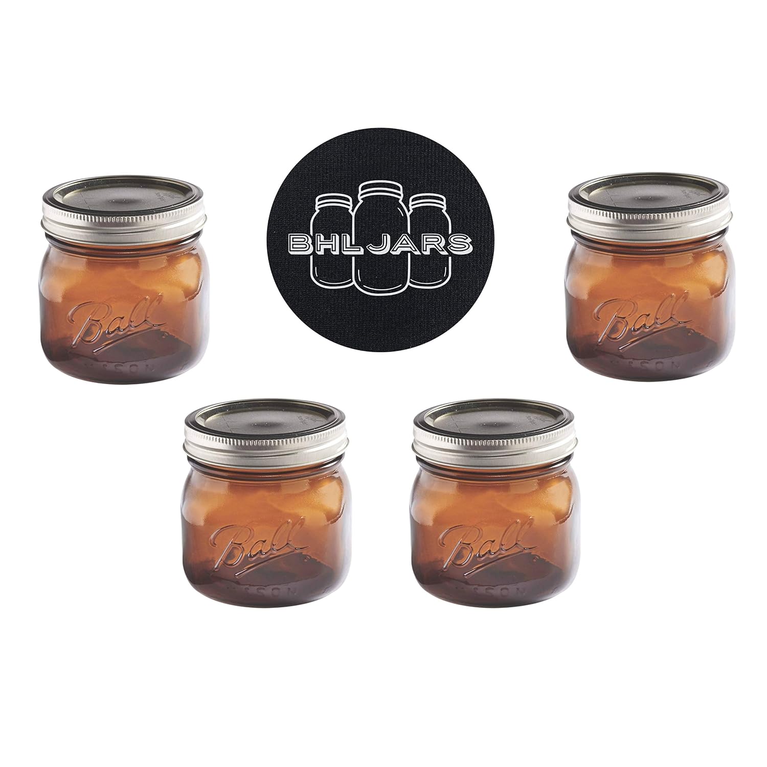 Ball Mason Jars 16 oz Wide Mouth Amber Colored Glass Bundle with Non Slip Jar Opener- Set of 4 Pint Size Mason Jars - Canning Glass Jars with Lids