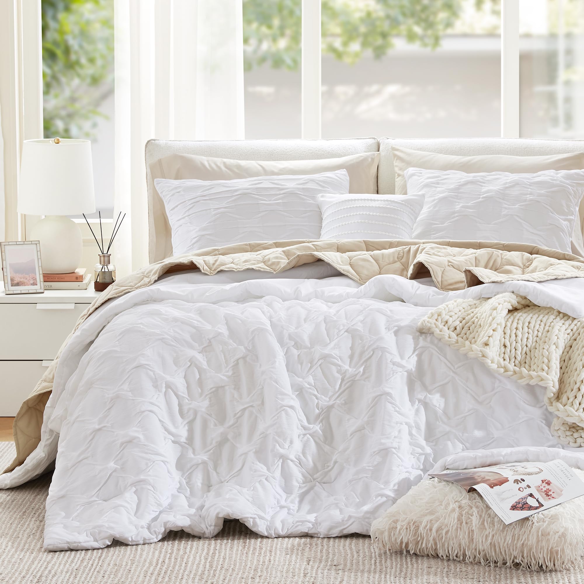 Photo 1 of Comfort Spaces Comforter for King Size Bed, Ogee Ruched with Crinkle Texture, Breathable Comforter Set King, All Season Lightweight Bedding Set, Shams, Décor Pilow, King/Cal King White 4 Piece