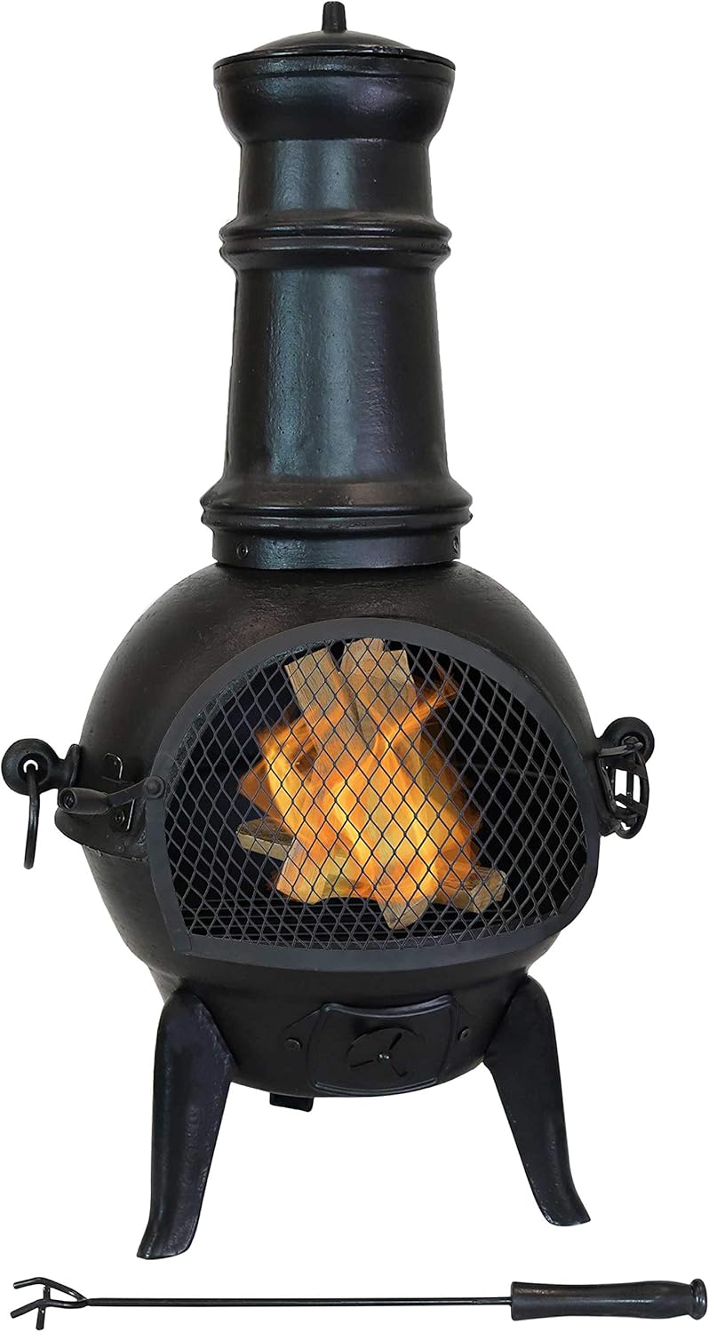 outdoor chiminea fire pits on Chimineas 34 Inch Wood Burning Fire Pit With Wood Grate And Fire Poker Sunnydaze Black Pot Belly Cast Iron Outdoor Chiminea Backyard Patio Metal Outside Fireplace Patio Lawn Garden