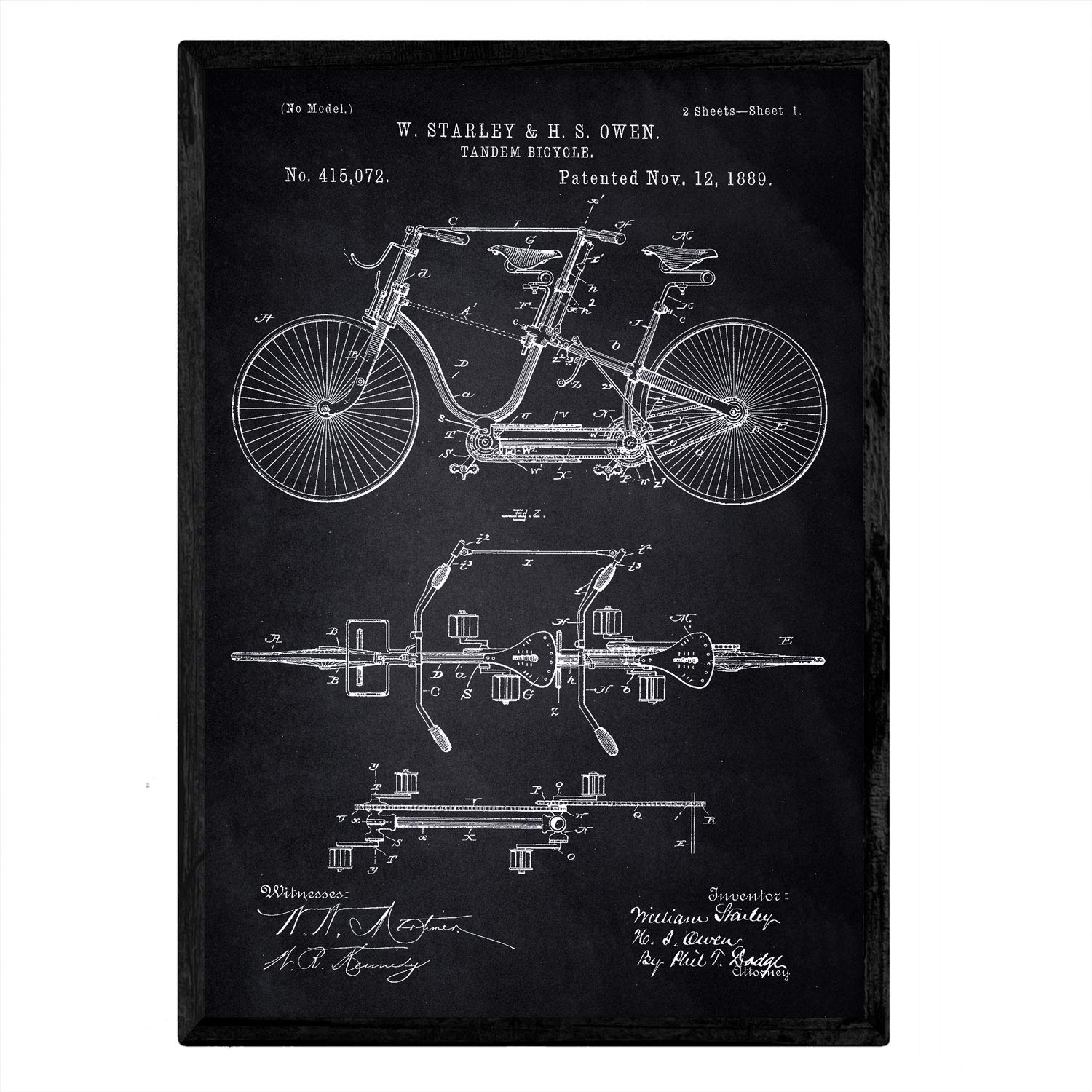 Nacnic Poster patented tandem bicycle. Sheet with old design patent A3 size with black background