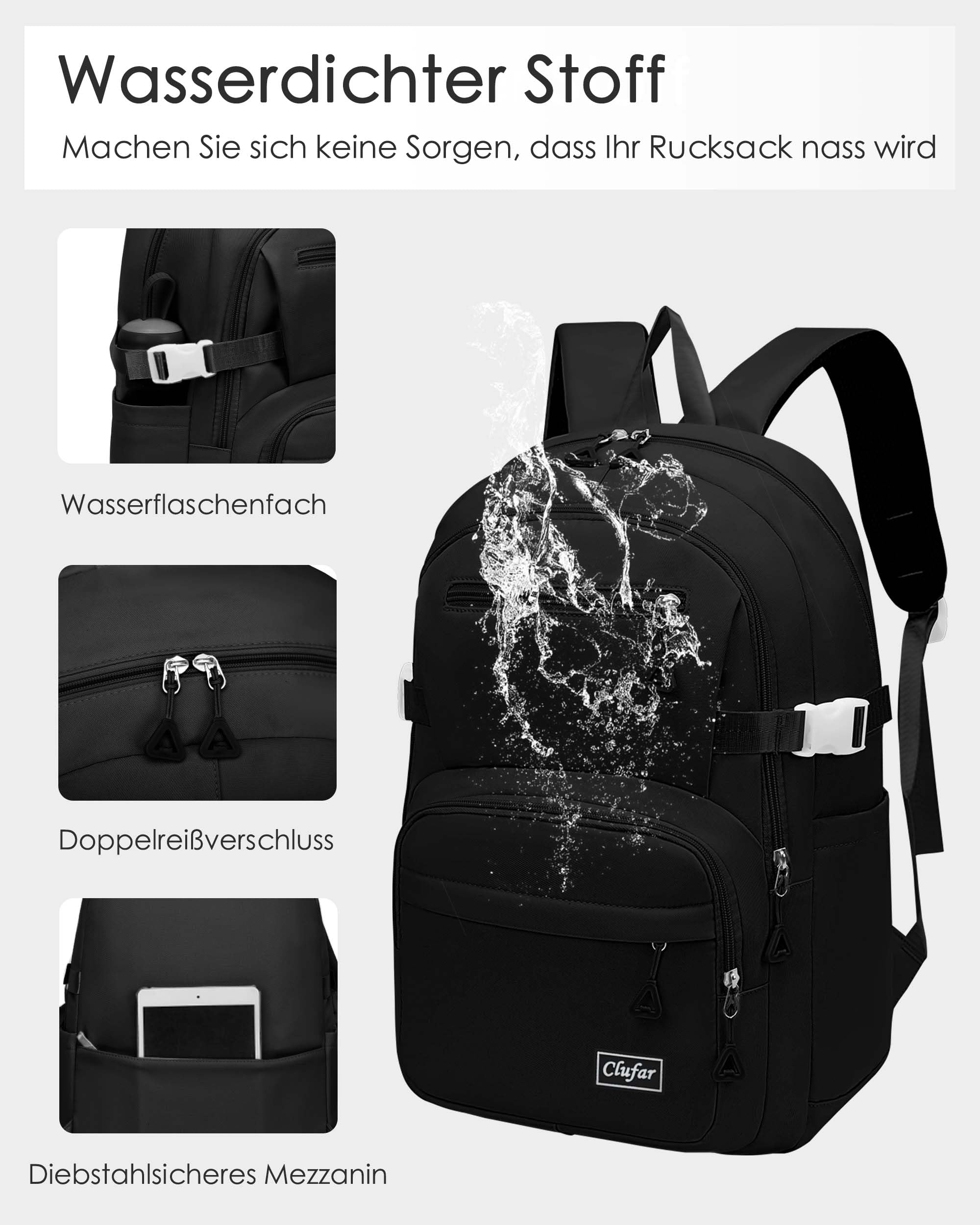 Clufar Schulranzen Jungen 5 Klasse Schwarz Leicht Schulrucksack Teenager Mädchen Wasserdicht Multi-Tasche Schultasche Mädchen Rucksack Schule Herren Schoolbag,Black 6