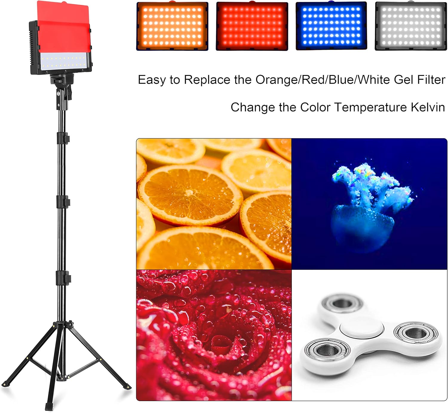 Emart LED Video Light 11 Brightness/4 Color Filters Dimmable Photography Continuous Table Top Lighting, Adjustable Tripod Stand, USB Portable Fill Light for Photo Studio Shooting : Camera & Photo