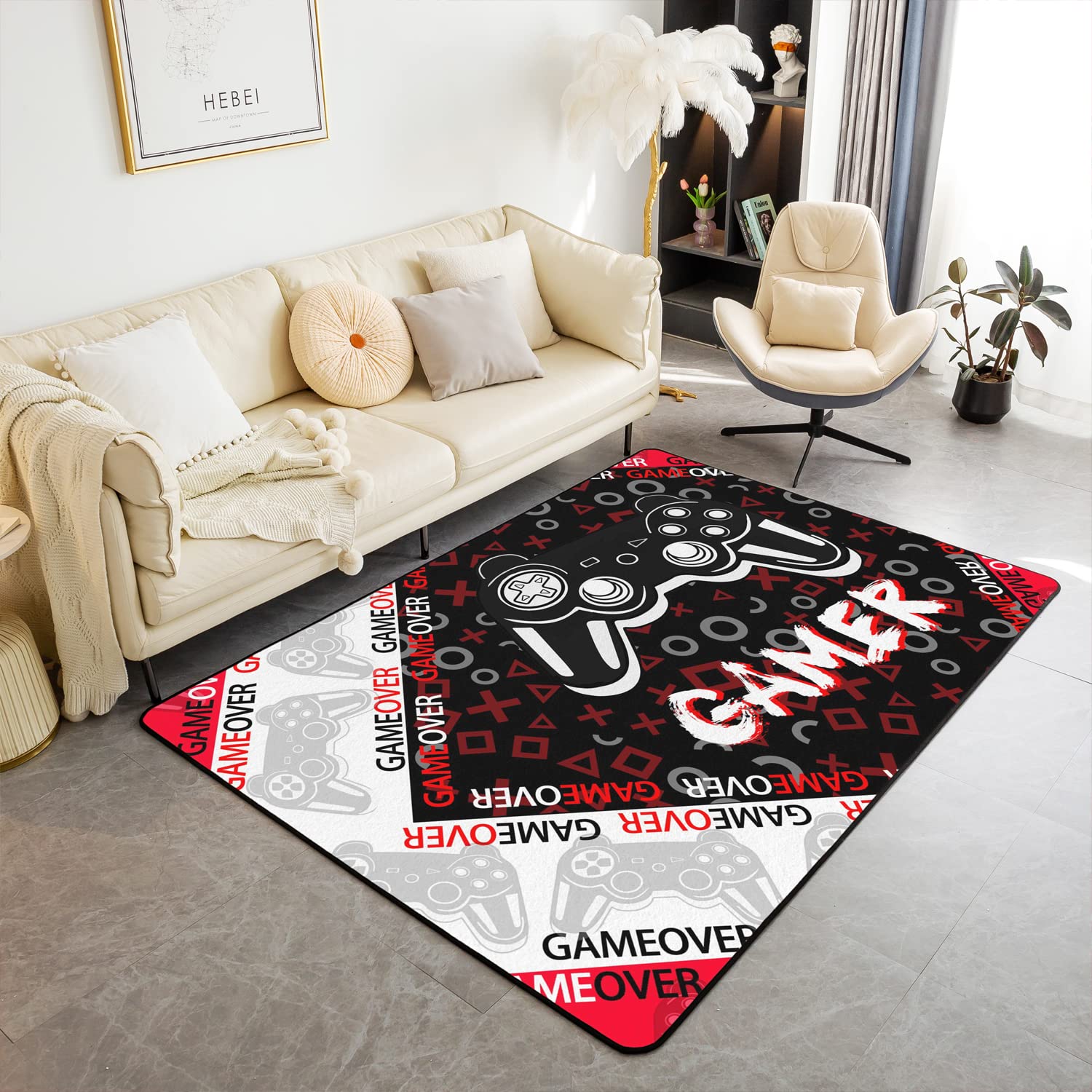 Loussiesd Gaming Area Rug,Geme Sports Accent Rug for Home Living Room Decor,Reversible Modern Game Console Controller Red Black Pattern Decorative Accent Rug, 100 * 150cm — image 1