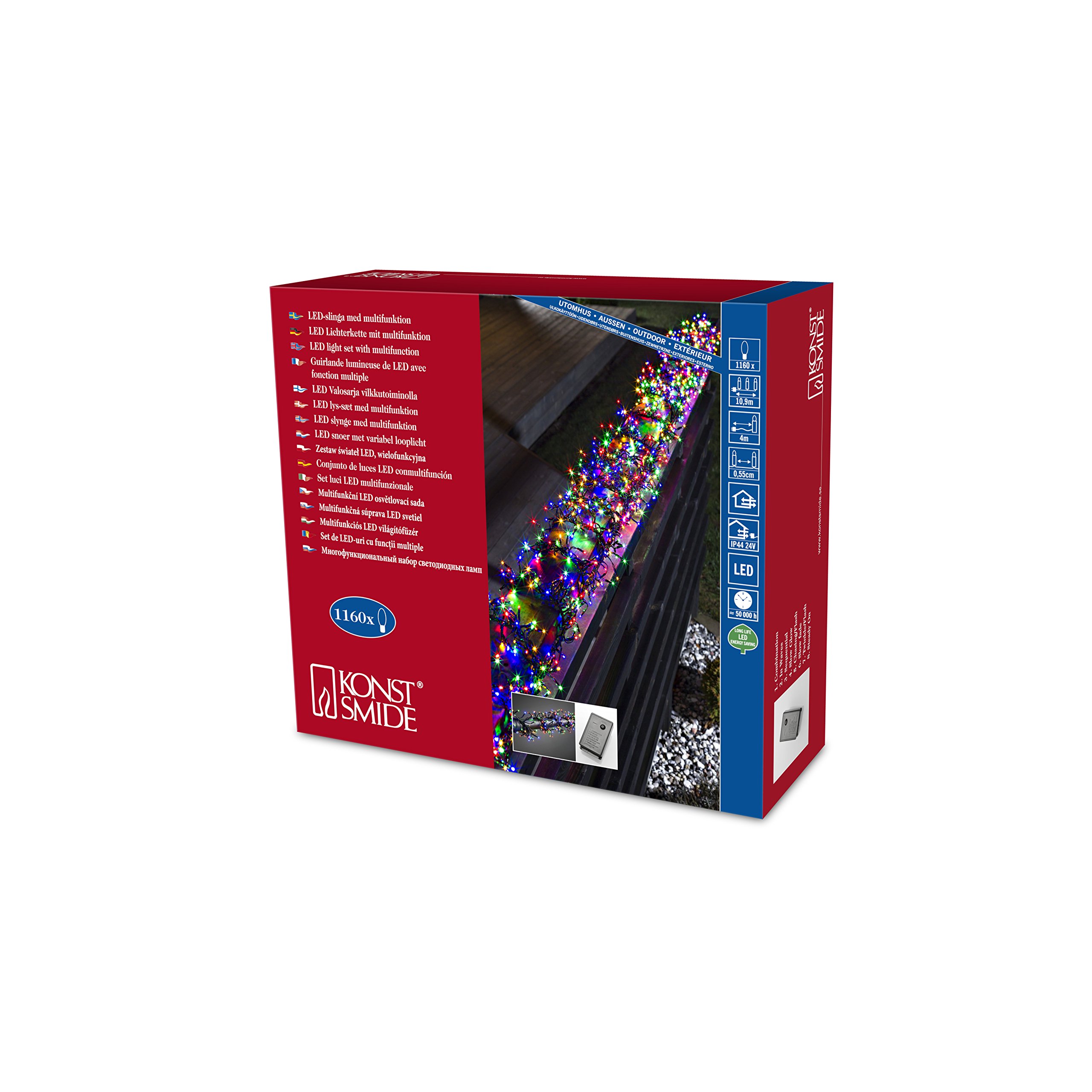 Konstsmide Micro LED Cluster / Outdoor/Indoor Use (IP44) / 6.9m of LEDS and 4m lead / Eight memory function / 1160 multi LED / black cable
