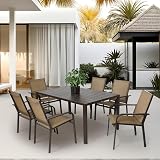 Villeston 7 Piece Patio Dining Set for 6, 6 Stackable Textilene Chairs and 1 Dining Table Outdoor Furniture Set, Brown