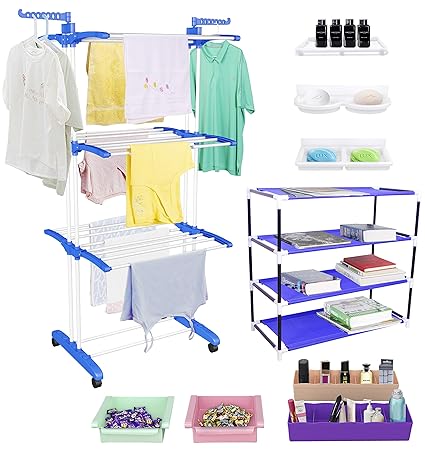 TRENDY Jumbo Cloth Drying Stand Combo with Shoe Rack, 2 Organizer, 2 Fridge Organizers, 2