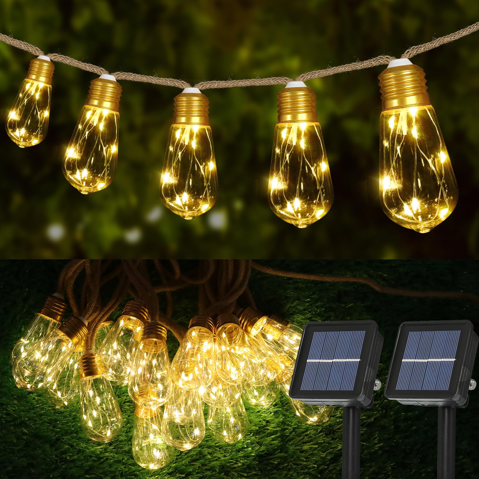 Photo 1 of (missing internal lights) Solar Outdoor String Lights 2PCS 24FT Vintage Rope Hemp Solar Lights with 20 Shatterproof Bulbs,8 Modes Solar Powered Lights with Memory Function,Waterproof for Fence,Yard,Camping(Warm White)