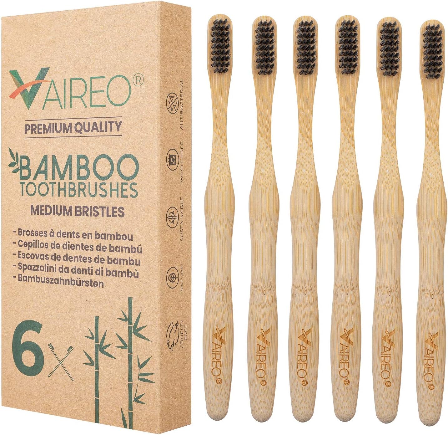 Vaireo Bamboo Toothbrushes | Adult 6-Pack Eco-Friendly Durable Bamboo Charcoal Toothbrush | Infused Charcoal Bristles | Non-Toxic, Safe and Biodegradable (Adult, Black)