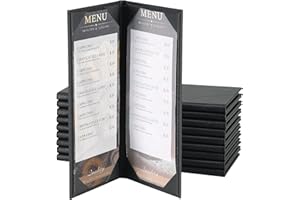 AMGSH 10 Pack 2 View Menu Holder Menu Covers 4.25" x 11" | Pack Black Leather Menu Sleeves Book Style for Restaurant Coffee Bars Wine List (2 View 10 Pack)