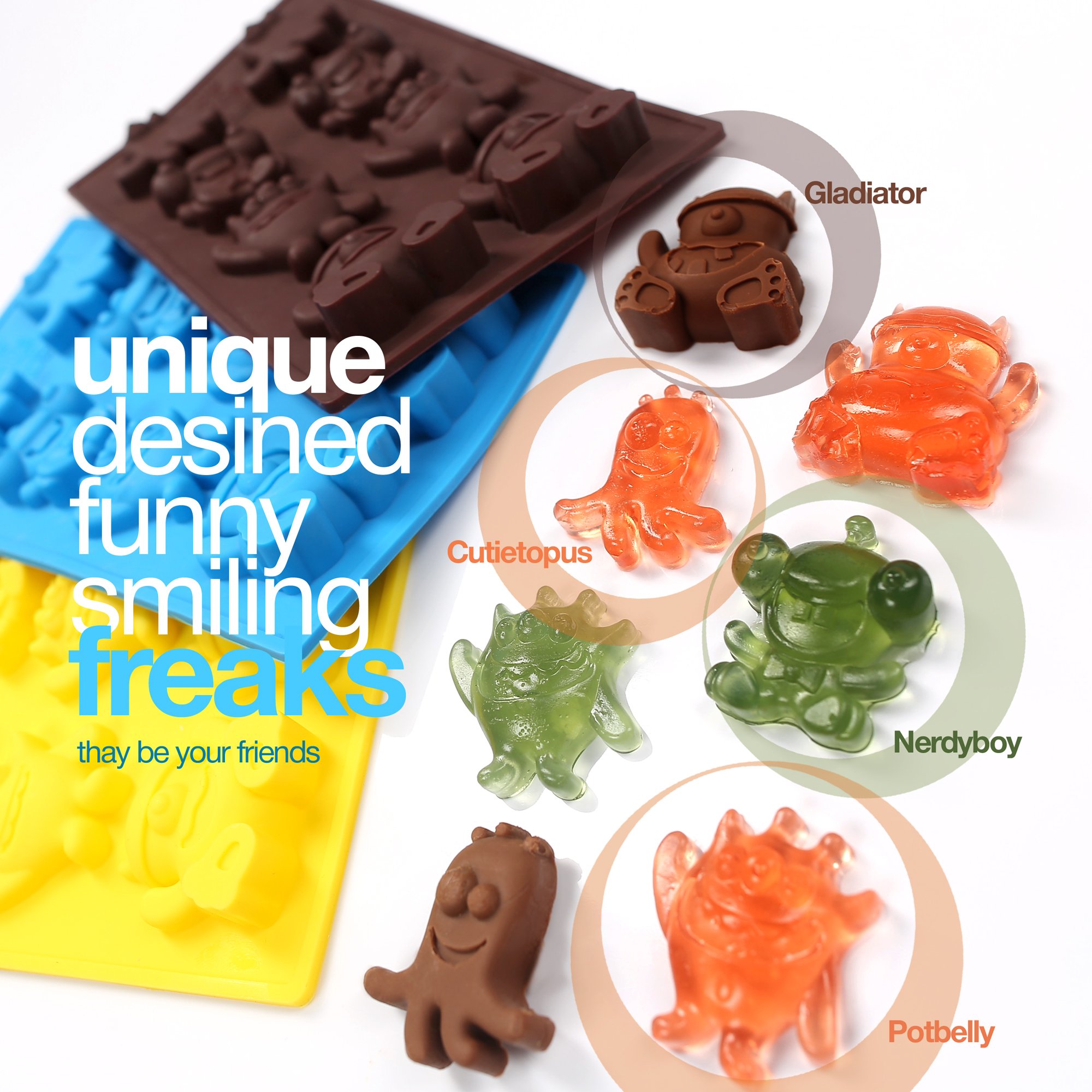 Chocolate Candy Mold Crazy Monsters - Set of 3 for 24 Candies - Non-Stick BPA Free Silicone Gummy Molds, Jelly Molds, Ice Cube Tray, Gelatin Mold, Soap Mold, Fat Bomb Molds
