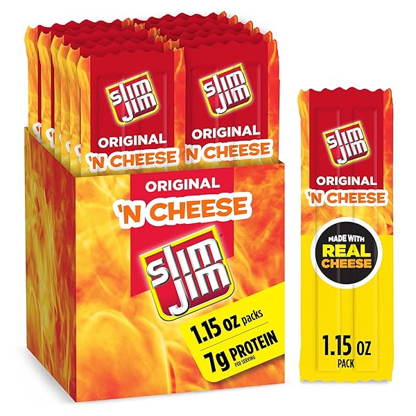 SLIM JIM BEEF ‘N CHEESE SMOKED MEAT STICKS, ORIGINAL FLAVOR, 7G PROTEIN PER SERVING, CAMPING SNACK, 1.15 OZ. (14 COUNT)