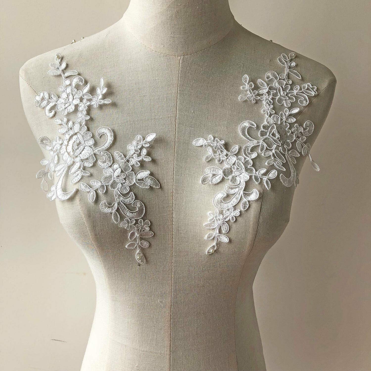 Mirror Pair Corded Embroidery Floral Lace Applique Sequined Patch for Bridal Wedding Dress Craft Projects (Off White)