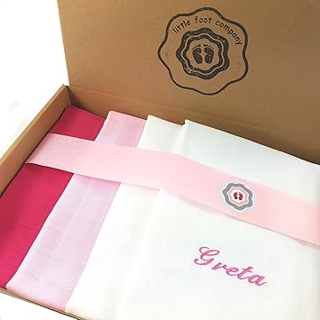 little foot company®, Spucktücher, Mullwindeln, 4 Stoffwindeln im Geschenkeset personalisiert mit einer Namensstickerei, indi