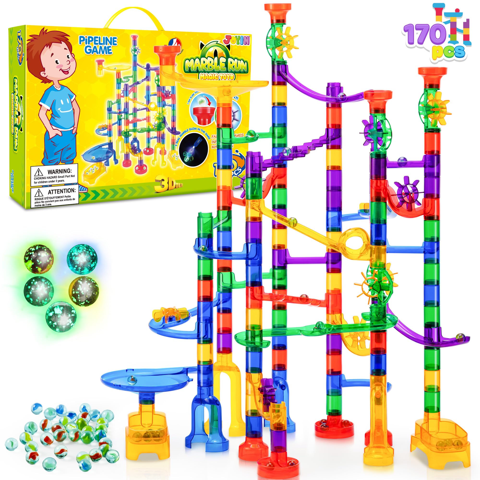 JOYIN 170Pcs Glowing Marble Run, Construction Building Blocks Toys with 5 Glow in The Dark Glass Marbles, STEM Educational Building Block Toy, Birthday Gifts, Easter Basket Stuffer