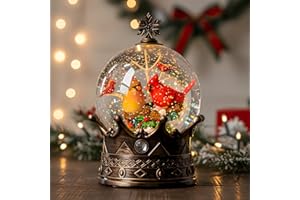 Christmas Snow Globe Lantern Water Glittering Cardinal Crown with Music, USB Lined/Battery Operated Lighted Lantern for Chris