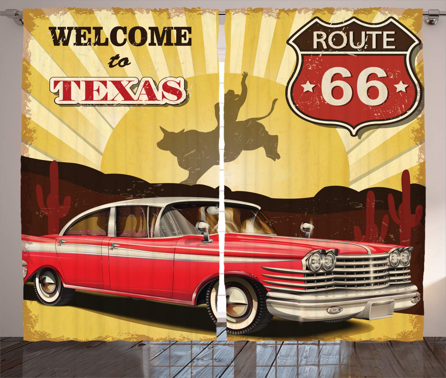 ABAKUHAUS Vintage Curtains, Welcome to Texas Signboard Poster with Cadillac Art Car Cowboys Town Rodeo Design, Living Room Bedroom Window Drapes 2 Panel Set, 69 L X 110 W, Multicolor