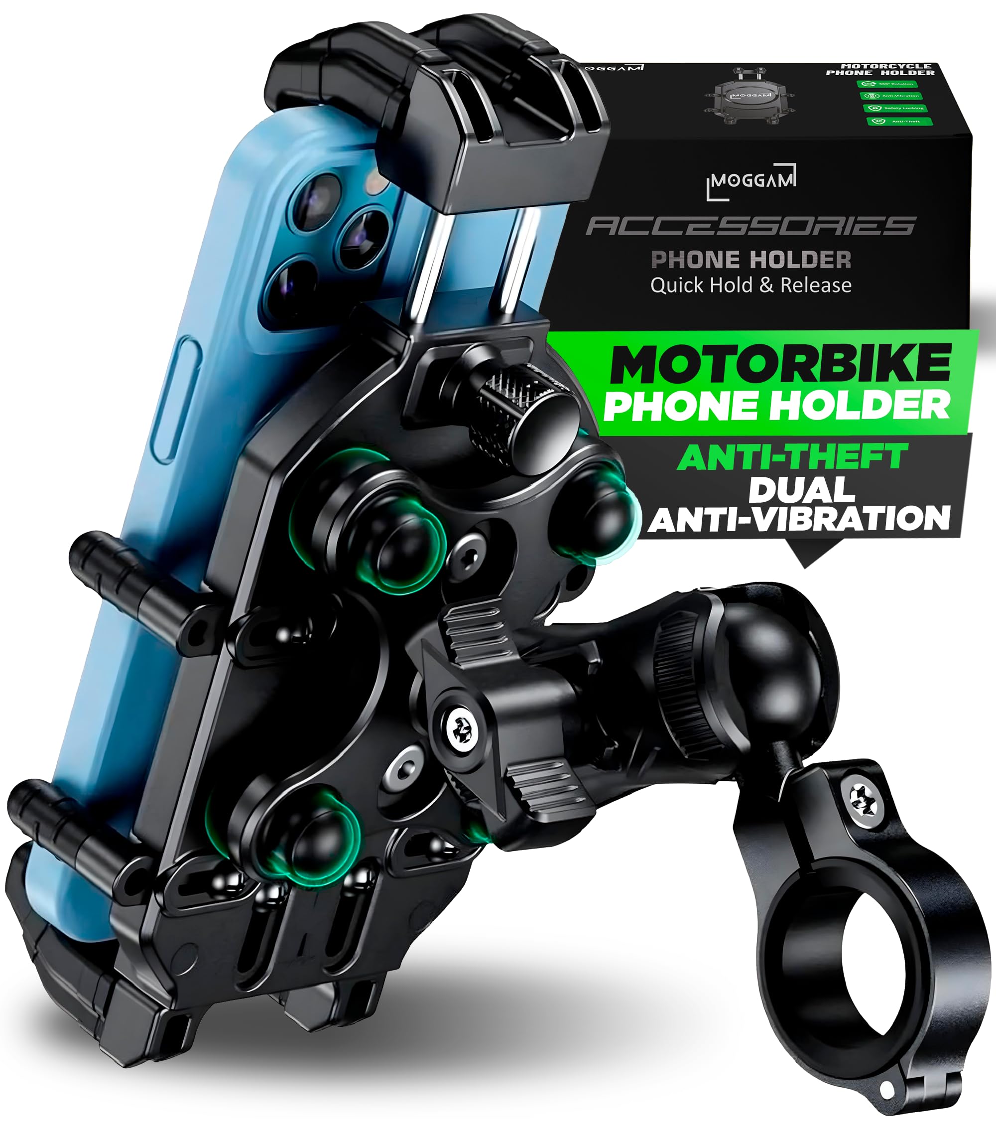 MOGGAM Motorbike Phone Holder Trail Ultra Heavy Duty Anti Vibration Anti Theft Fits Rugged Smartphones 5.4 to 7.2 Inch Secure Handlebar Mount for Adventure Enduro Touring Offroad