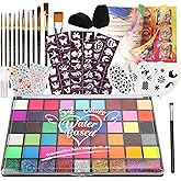 Pintada 54 Color Face Painting Kit for Kids - Non Toxic Water Activated Face Paint Palette with Stencils, Brushes, Gems & Book. For Halloween, Carnival, Party; Costume Makeup for Creative Activities