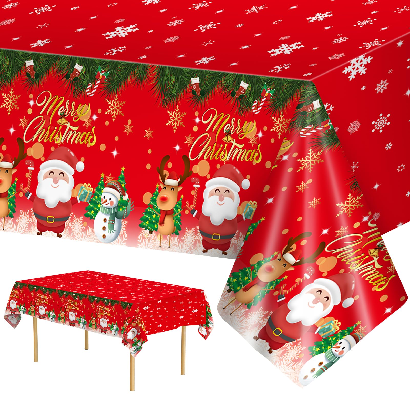 3 Pcs Merry Christmas Tablecloth - Winter Christmas Table Cloth, Disposable Plastic Rectangle Red Xmas Holiday Table Cover for Christma Decorations Party Supplies Tables Decor Favors, 108x54Inch