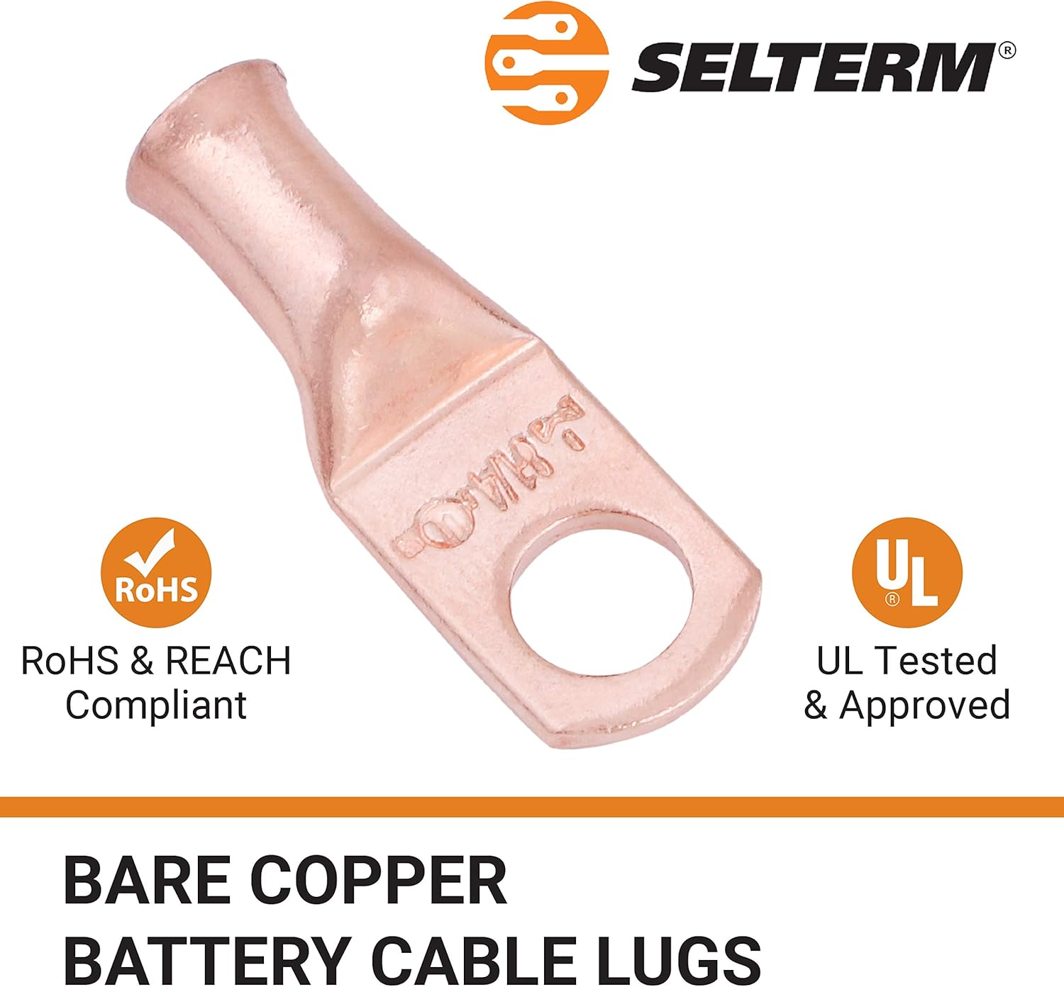 SELTERM UL Listed Heavy Duty Wire Lugs, Battery Cable Ends, Bare Copper Eyelets, Tubular Ring Terminals, Closed End Crimp Connectors — (8 AWG to 250 MCM) : Sports & Outdoors