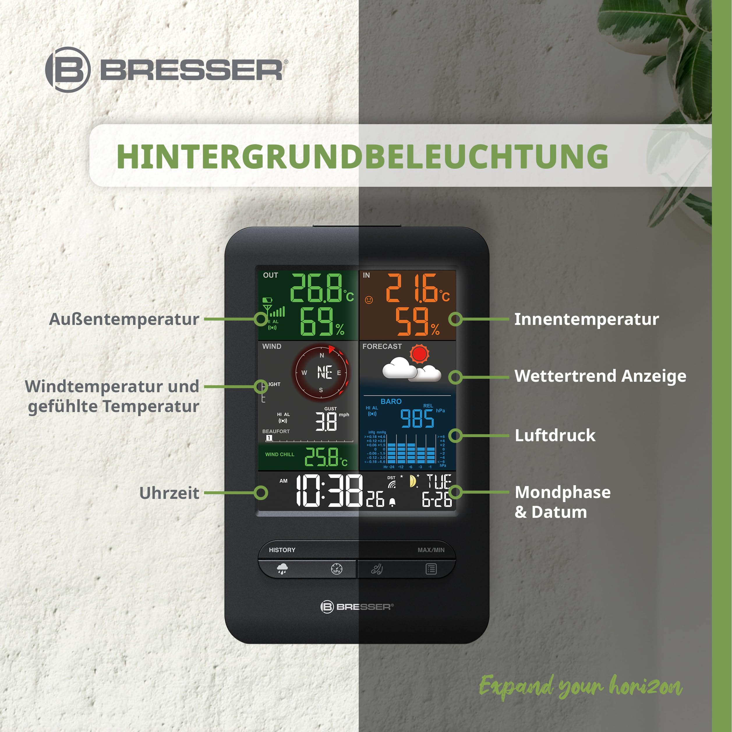 Bresser 7002525 Wetterstation Funk mit Außensensor 5-in-1 Beaufort mit großem Farbdisplay, Sensor für Temperatur, Luftfeuchtigkeit, Luftdruck, Windrichtung und Regenmesser, Schwarz, Einzigartig 5