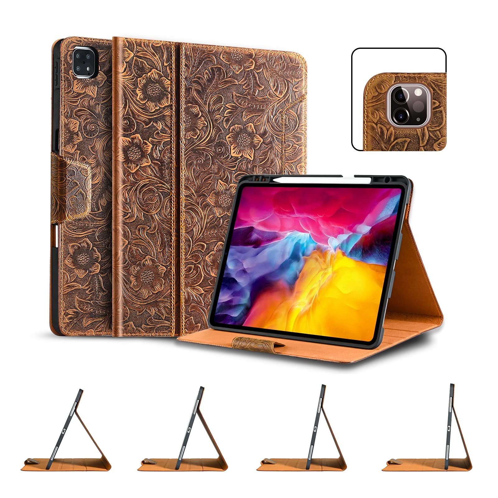 Gexmil for iPad Pro 11 Inch Case 2022/2021/2020/2018(4th/3rd/2nd/1st Generation) with Pencil Holder,Auto Wake/Sleep,Genuine Leather Case with Bucklewith Stand,Flower Brown