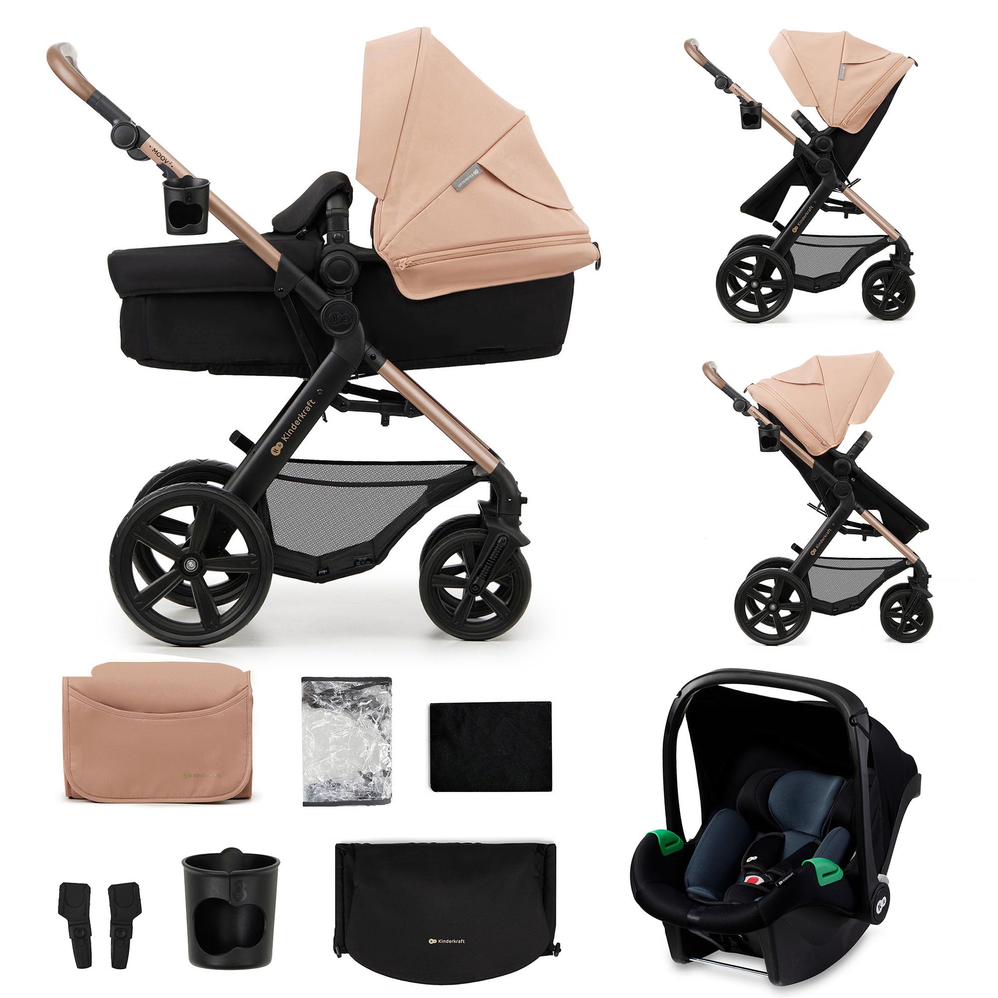 Kinderkraft MOOV 2 Kinderwagen 3 in 1 Kinderwagenset bis 22 kg mit Kindersitz I-SIZE 40-75 cm, Buggy Funktion, Liegeposition verstellbar, Große ausziehbare Verdeck, Eva-Schaum-Räder, Beige