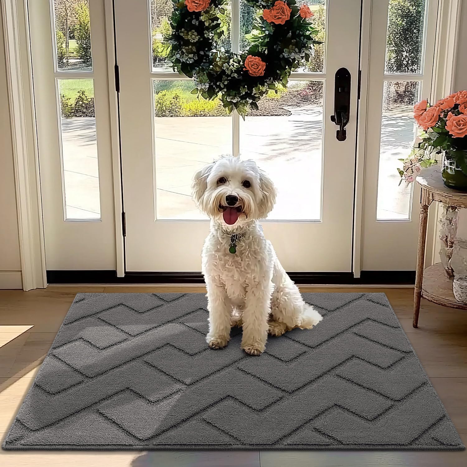 Photo 1 of hicorfe Front Door Mat Outside Entrance,32"x40" Absorbent Muddy Dirt Resist Welcome Door Mats Outdoor Indoor,Stain and Fade Resistant,Non Slip Backing Entry Mat Doormat for Entryway(Grey)