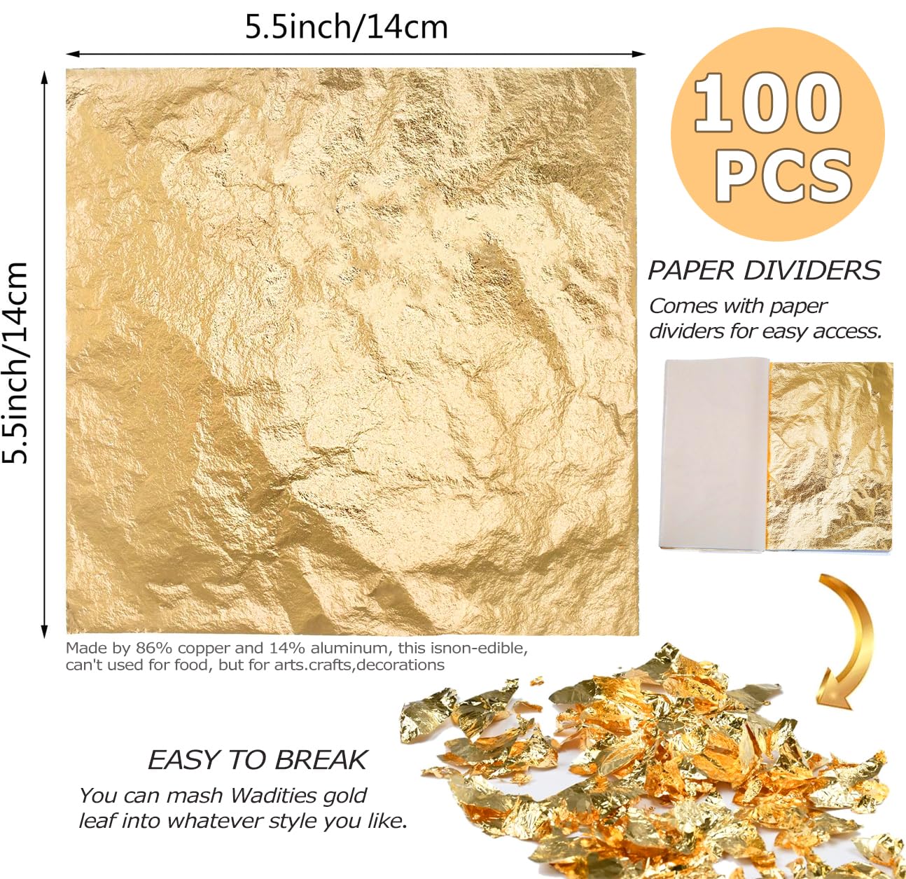 100pcs Imitation Gold Leaf Sheets, 14 x 14 cm Gold Foil Multipurpose Gold Leaf for Nail, Art & DIY Project, Picture Frame, Home Wall, Interior and Multi Artistic Decoration