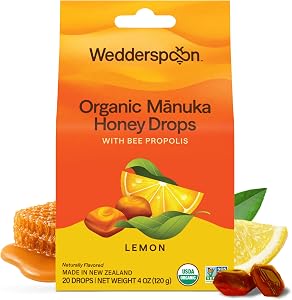 Wedderspoon Organic Manuka Honey Drops, Lemon & Bee Propolis, 20 Count | USDA Organic, Genuine New Zealand Honey, Natural Rem