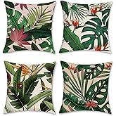 Bonhause Tropical Leaves Throw Pillow Covers 18x18 Set of 4 Green Palm Leaf Monstera Botanical Pillows Case Polyester Linen Cushion Covers for Outdoor Couch Sofa Patio Decor