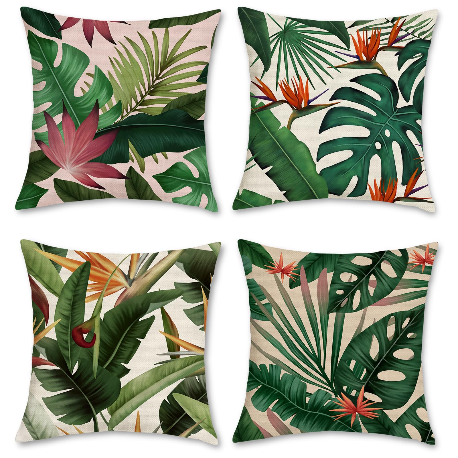Bonhause Tropical Leaves Cushion Covers 45 x 45 cm Green Leaf Plant Decorative Throw Pillow Covers Polyester Linen Pillowcases for Sofa Patio Garden Outdoor Decor Set of 4 — image 1